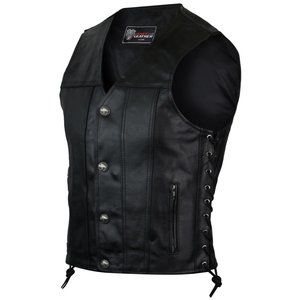 Men's Black Straight Bottom Leather Motorcycle Vest